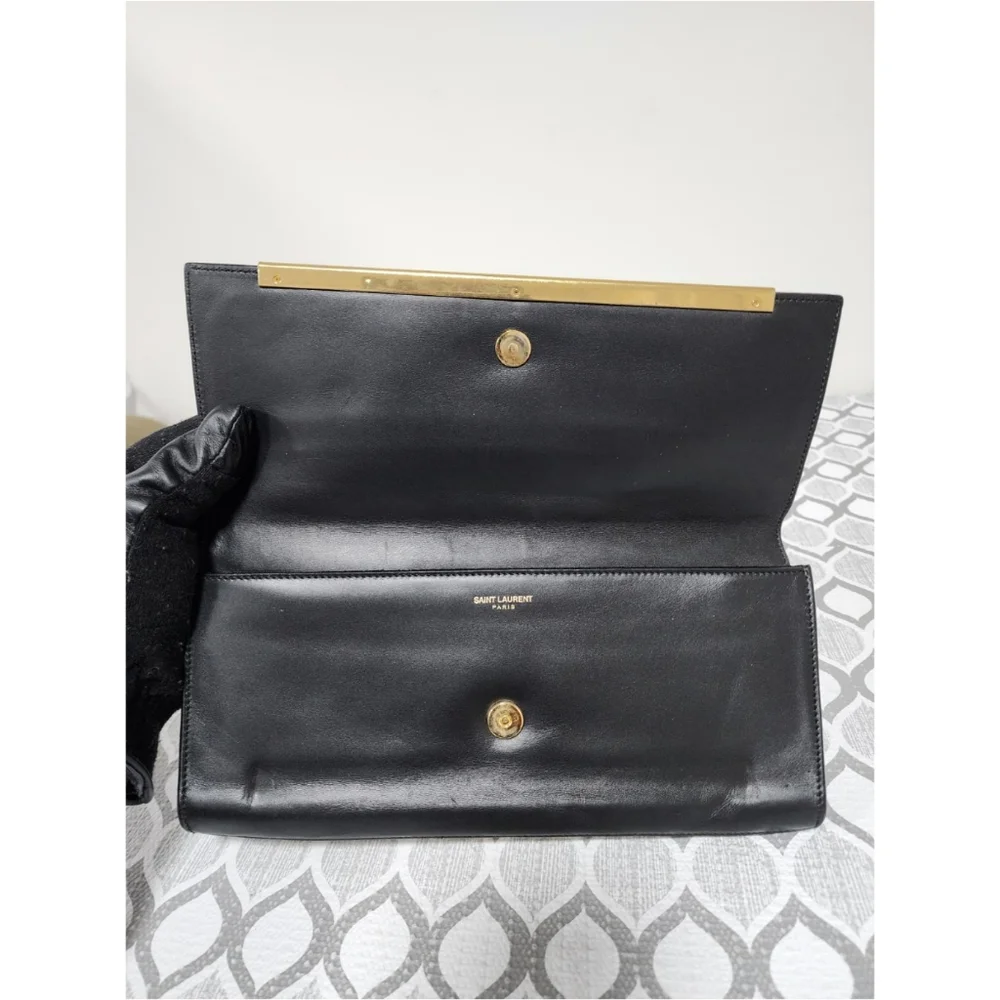 YVES SAINT LAURENT Smooth Calfskin Leather Lutetia Flap Clutch Bag Black - Picture 12 of 12